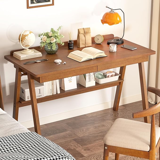 100% Solid Wood Desk with Drawers & Storage Shelf - 48 x 24 Inch Mid Century Modern Desks, Vintage Writing Desk with Deeper Desktop, Home Office Computer Desks for Bedroom & Home-Walnut Color