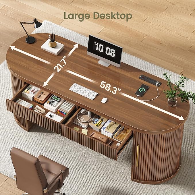 SEDETA Office Desk with 2 Drawers, 58.3" x 21.7" Fluted Long Computer Desk with 2 Sliding Doors Storage and Power Strip, Wood Executive Desk for Home Office, Living Room, Bedroom, Brown