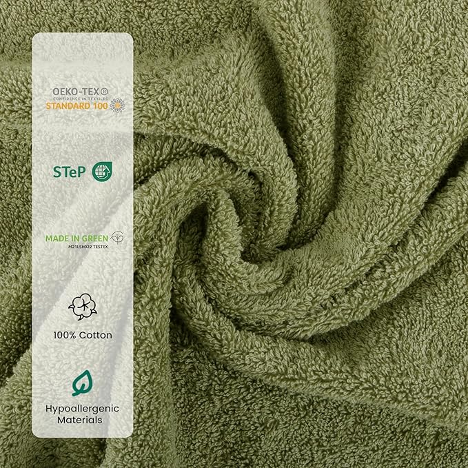 SEMAXE Sage Green Bath Towel Set, 100% Cotton Bathroom Towels with Hanging Loops, Soft & Absorbent, 8 Piece Towel Set Include 2 Bath Towels, 2 Hand Towels, 4 Washcloths