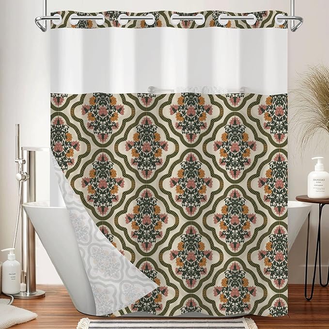 No Hook Shower Curtain and Snap in Liner Set - Vintage Floral Damask Pattern Shower Curtains for Modern Farmhouse & Traditional Bathroom, Mesh Top Waterproof Bath Tub Curtain, 71Wx74H