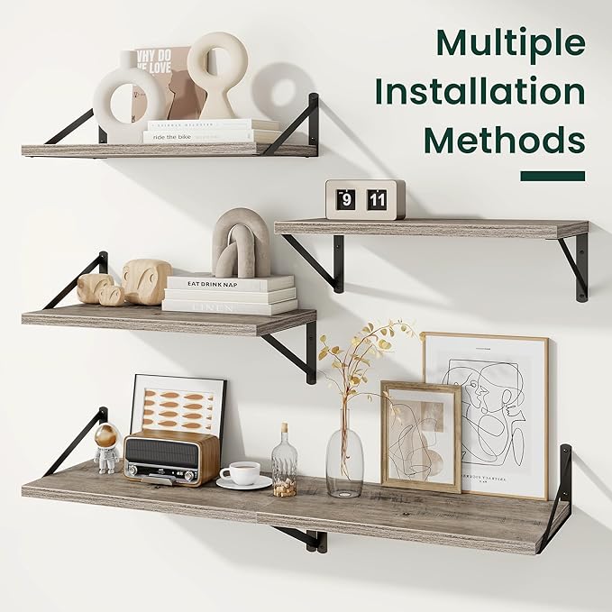 Floating Shelves, 12 Inch Deep Rustic Wood Wall Storage, 24W x 12D Wall Shelves Set of 2, Heavy Duty Metal Brackets, Large Industrial Book Shelf for Living Room, Kitchen, Bedroom, Grey