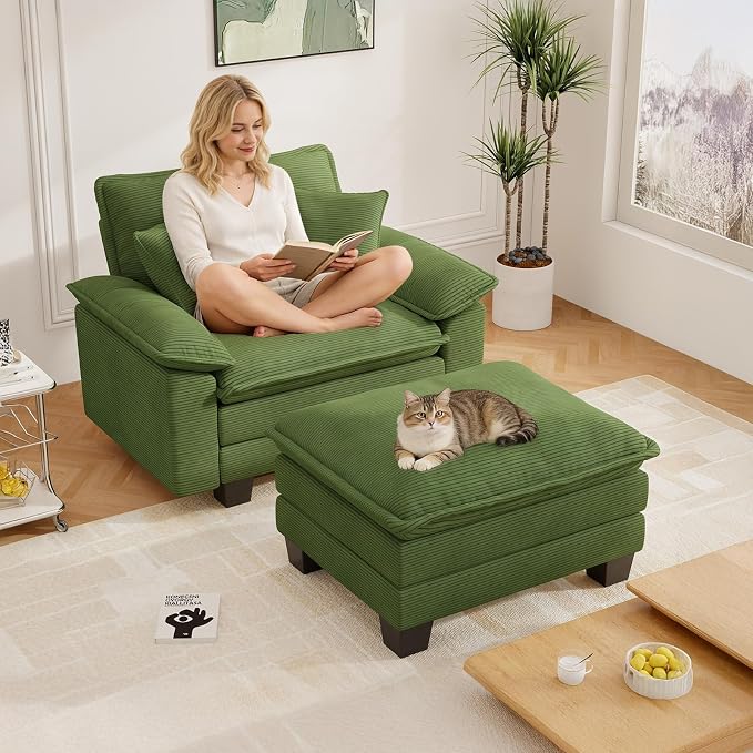 Chaise Lounge Chair Indoor, Oversized Accent Chairs with Ottoman, Luxury Corduroy Upholstered Deep Seat Sleeper Sofa Reading Chairs and A Half with Pillows for Living Room, Bedroom, Apartment, Green
