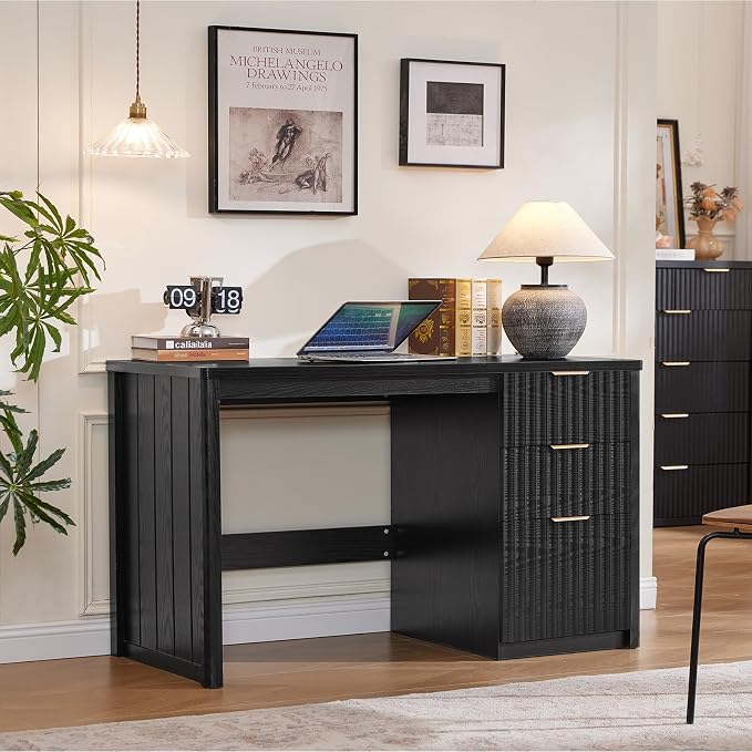 LEYAOYAO Office Desk 48" with 3 Drawers Storage File Cabinet Wood Fluted Desk for Computer Office Bedroom Home Furniture Black