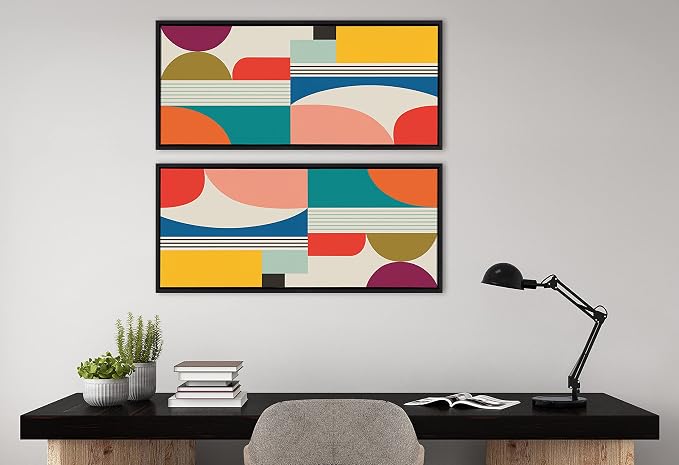 Kate and Laurel Sylvie Mid Century Modern Pattern Framed Canvas Wall Art by Rachel Lee of My Dream Wall, 18x40 Black, Colorful Abstract Art Print for Wall