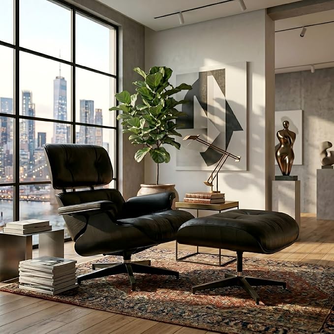 Mid Century Chaise Lounge Chair with Ottoman, Top Black Grain Leather, Modern Office Chair Classic Design, Heavy Duty Base Support for Living Room Study Lounge Office