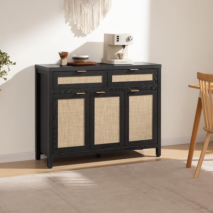 SICOTAS Rattan Sideboard Buffet Cabinet with Storage, Boho Credenza Accent Cabinet with 3 Doors and 2 Drawers, Farmhouse Console Coffee Bar for Kitchen, Living Room, and Entryway, Black Oak