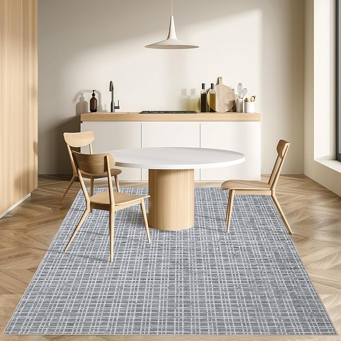 Washable Area Rug 9x12 Rug for Living Room Modern Geometric Large Area Rug for Bedroom Decor Plaid Grid Rug Non Slip Throw Rugs Low Pile Stain Resistant Carpet for Dining Room 9'x12' Grey