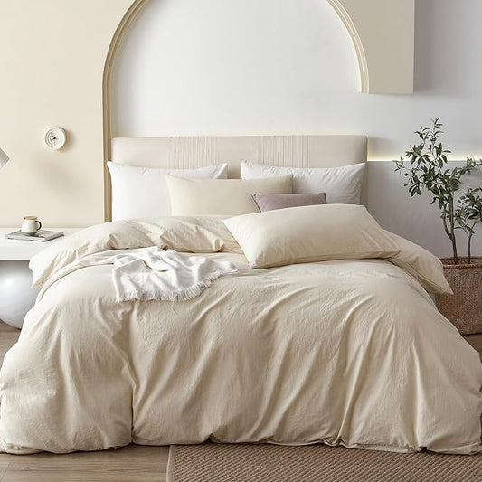 JIYUAN 100% Washed Cotton Duvet Cover Set 3 Pieces Super King, 1 Duvet Cover 108x98 Inches(Comforter Not Included) and 2 Pillowcases,Linen Feel Bedding Set Comfy and Breathable,Heathered Beige