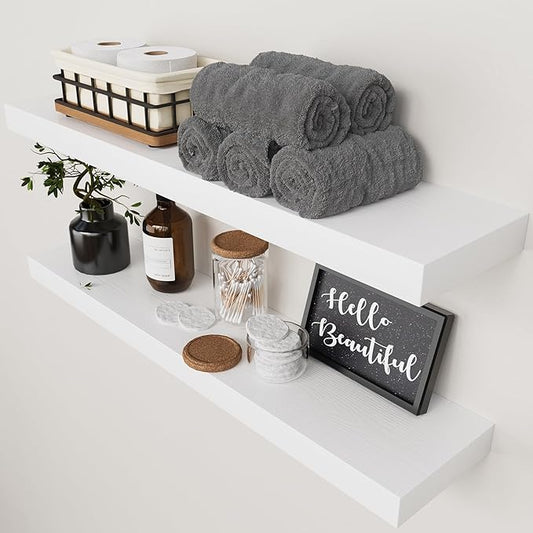 BAOBAB WORKSHOP Wood Floating Shelves for Wall 30 Inches Long, White Solid Wooden Bathroom Shelf Large, Heavy Duty Wall Shelf 30 Inch Kitchen Bedroom Thick, White Finish, 30W × 6.7D, Set of 2