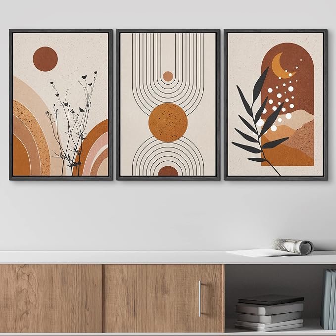 wall26 Framed Canvas Print Wall Art Set Boho Mid-Century Geometric Forest Plant Planets Nature Abstract Illustrations Modern Art Bohemian Decorative for Living Room, Bedroom, Office - 16"x24"x3 Black