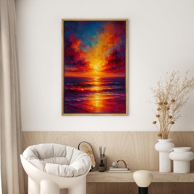 SIGNWIN Framed Canvas Print Wall Art Vivid Ocean Sunset Colorful Seascape Decorative Multicolor Colorful Rustic for Living Room, Bedroom, Office - 24"x36" Natural