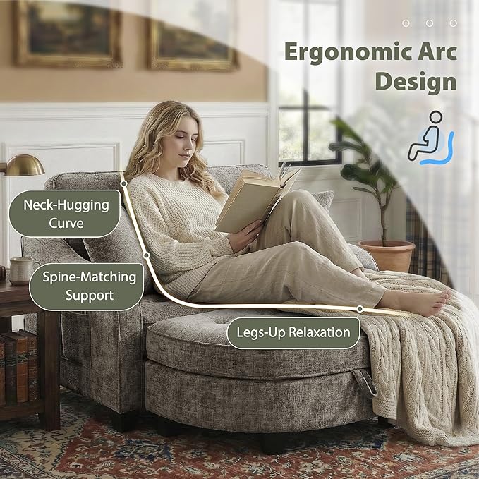 Round Chaise Lounge Chair with Storage Ottoman, Oversized Bubble Chair and a Half Featuring Adjustable Backrest, Plush Reading Accent Chair and Ottoman Set for Bedroom, Mocha Brown