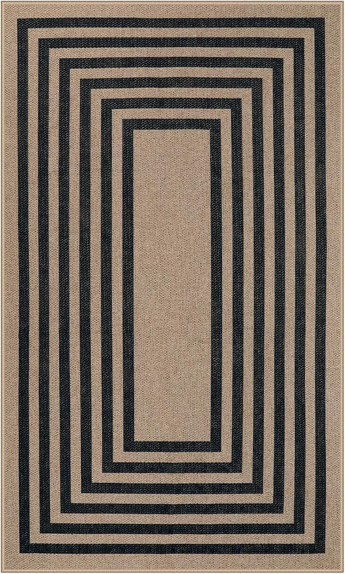 Lahome Enfys Modern Geometric Easy Jute Outdoor Rug, 3x5 Black Washable Kitchen Rugs for Bedroom Thin Non Slip Indoor Door Mat, Non Slip Farmhouse Carpet for Office Patio