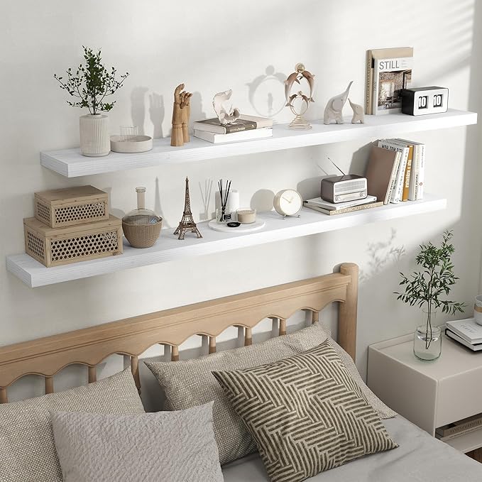Fun Memories Rustic Floating Wall Shelves, Wall Mounted Wood Storage & Display Shelves for Bathroom, Bedroom, Living Room or Kitchen, (Set of 2, White, 66 in)
