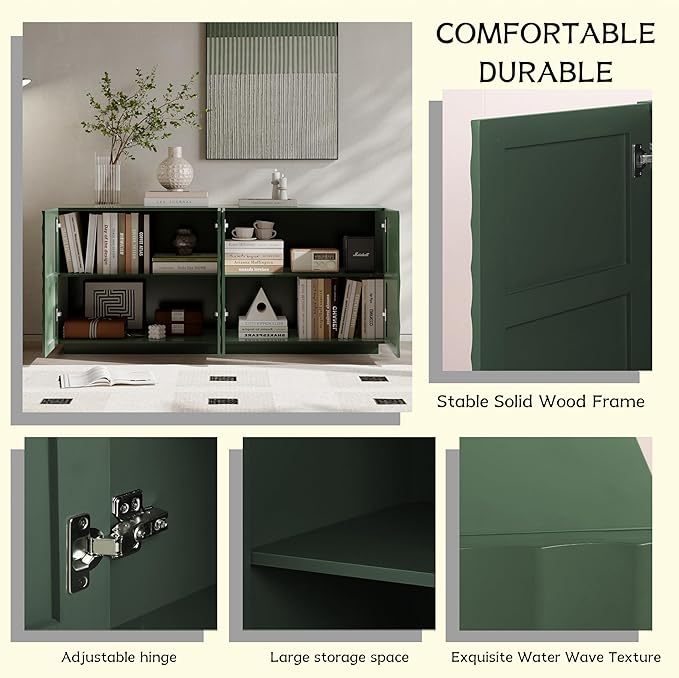 Wave Pattern Sideboard Buffet Cabinet - Modern Luxury Multifunctional Storage Cabinet with 3D Textured Doors, Display Cabinet for Dining Room Living Room Entryway (Green)