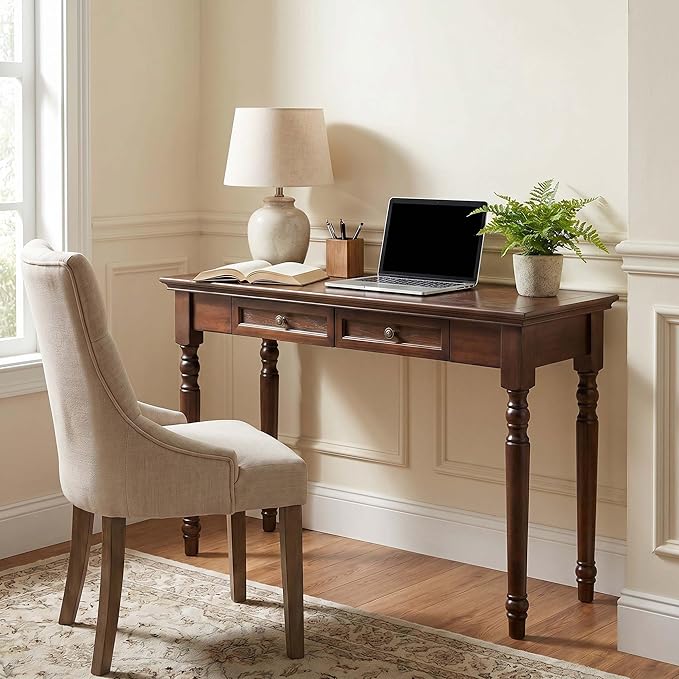 47" Narrow Solid Wood Writing Desk with Drawers, Walnut French Country Style Computer Desk for Home Office, Living Room or Study