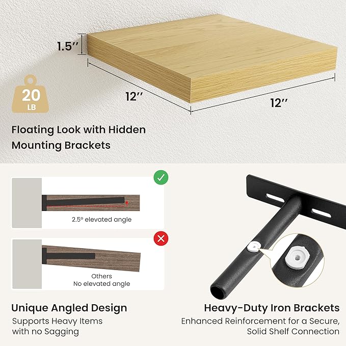 Fun Memories Rustic Wood Floating Shelves for Wall, Space-Saving Wall Mounted Shelves for Bathroom, Bedroom, Living Room and Kitchen, Stylish Storage & Display (Set of 3, Oak, 12 in)