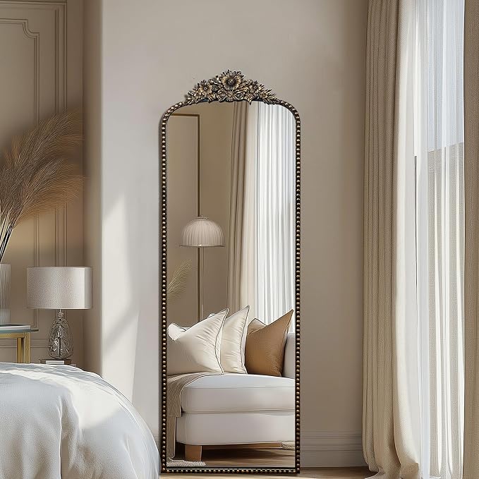 Full-Length Baroque Style Vintage Mirror, 65"L x 22"W, Wall-Mounted, Antique Black Iron Frame, Thick 4MM Glass, Explosion-Proof, Living Room, Bedroom, Entryway