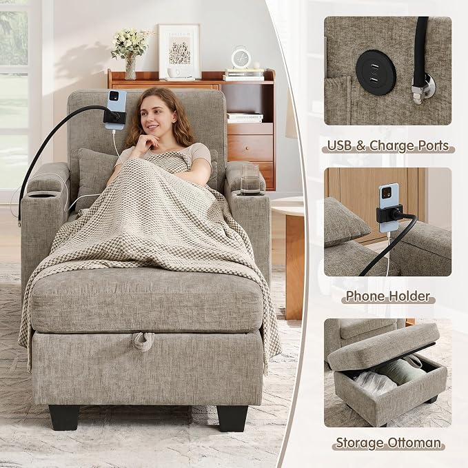 Small Chaise Lounge Chair Indoor with Ottoman&Adjustable Backrest,Chenille Tufted Recliner Comfy Sofa Chair with USB,Phone Holder&Storage Arms,Convertible Sleeper Couch Bed for Living Room(37"W,Brown)