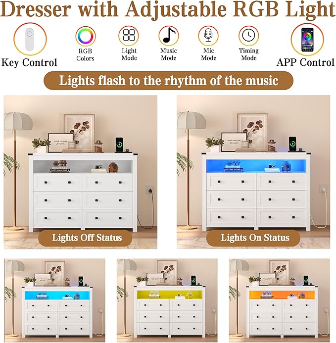 White Dresser 6 Drawer Dressers for Bedroom with LED Lights, Charging Station, Wood Chest of Drawers with Metal Handles, Modern TV Stand Storage Cabinet for Living Room, Hallway, Entryway