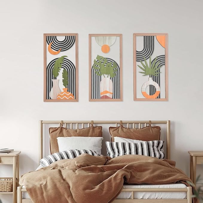 Boho Wall Art Set of 3, Modern Minimalist Leaf Wall Decor, Abstract Geometric Wooden Artwork for Living Room Bedroom Office, Mid Century Modern Decor (Contemporary Style - 11.8 x 5.9 inch)