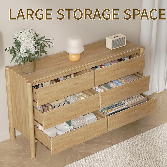 CHUWELL Dresser for Bedroom, 47" Wide Mid Century Modern Chest of Drawers with 6 Large Storage Space and 4 Solid Wood Cylindrical Legs, 6 Drawer Large Dresser for Bedroom(Oak)