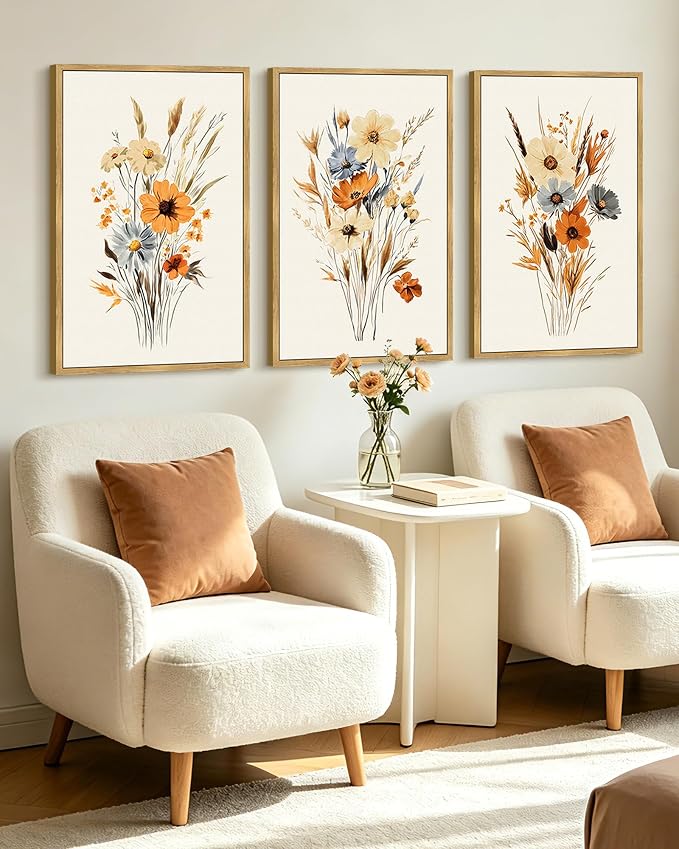 KUVIOKE Vintage Wildflower Bouquet Framed Wall Art Retro Flower Botanical Pictures Illustrations Colorful Floral Hanging Decor 24x36in (Natural Framed)