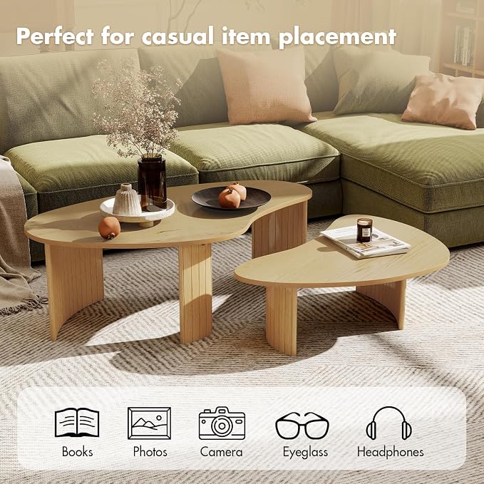 Nesting Coffee Tables Set of 2 – Cloud/Mango Shaped Ash Veneer Top with Fluted Solid Wood Legs, Space-Saving End Tables for Living Room, Natural Wood Finish (47" L x 25" W x 16" H)