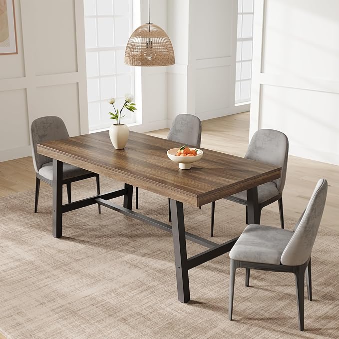 GarveeHome Industrial Dining Table for 4-6 People, 63" Long Wooden Kitchen Table with Sturdy Metal Frame & Rustic Brown Finish - Seats 4 Rectangular Counter for Dinner, Kitchen, Dining Room - Brown