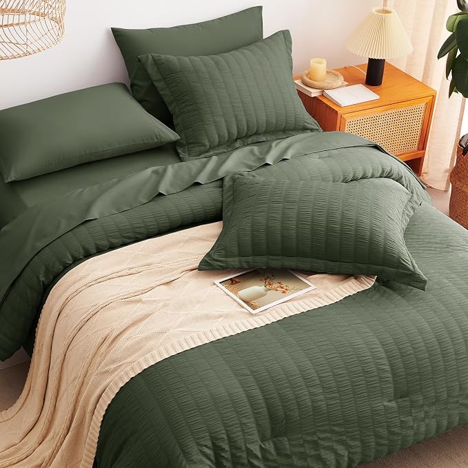 CozyLux Queen Comforter Set Dark Green, 7 Pieces Seersucker Textured Luxury Bed in a Bag Queen, All Seasons Soft Bedding Sets with Down Alternative Comforter, Sheets, Pillowcases & Shams, Home Gift