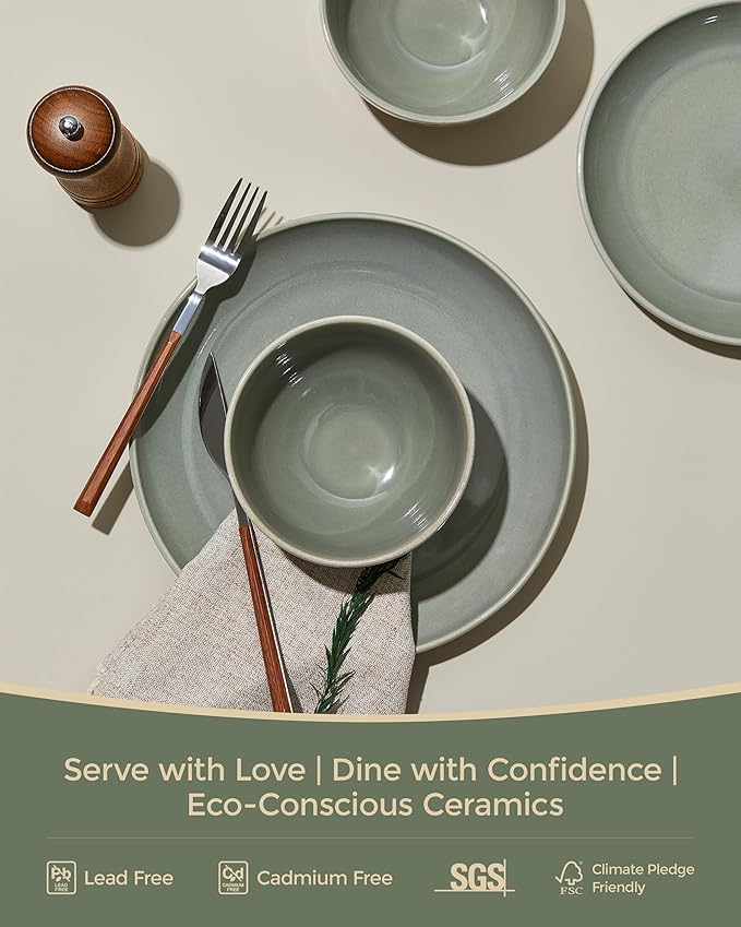 24 Piece Double Bowl Dinnerware Sets with Pasta Bowls, Highly Chip and Crack Resistant Plates and Bowls Sets, Natural Earthyware Ceramic Dishware Sets, Service for 6 Gradient Green