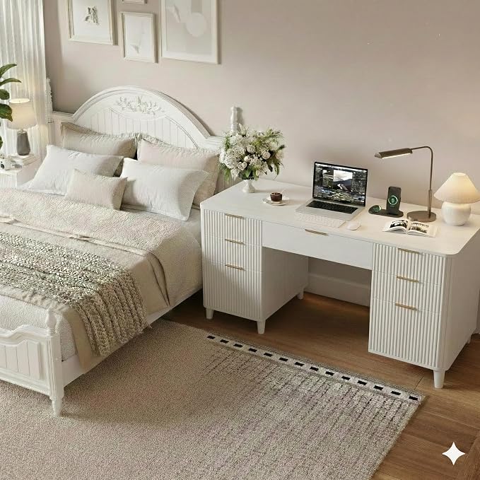 White Desk with Drawers, 55" Fluted Executive Desk with Storage Cabinet, Wood Home Office Desk with File Cabinet, Modern Computer Writing Desk for Study, Living Room, Bedroom