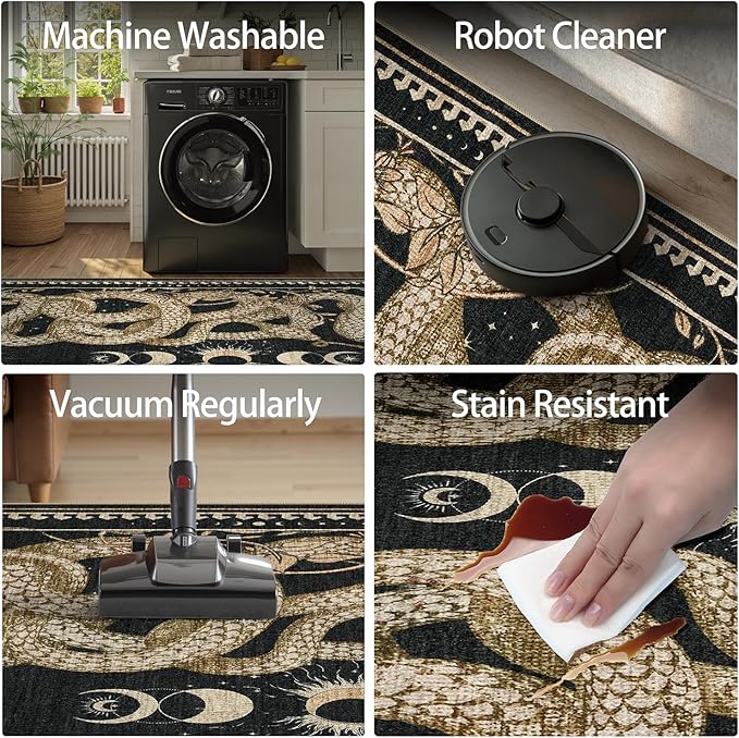 DCX Washable 6x9 Snake Rug, Black Gothic Rug for Living Room, Soft Low Pile Carpet, Kid & Pet Friendly with Rubber Back Non Slip, Stain Resistant Rug for Bedroom Dining Room Office
