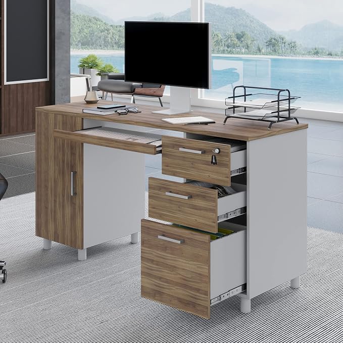 Modern Design Venice Computer Desk with Lockable Drawers, 53 Inch Home Office Desk with Storage Cabinet, Keyboard Tray & Cable Management, Modern Study Writing Desk for Small Spaces, Walnut and White