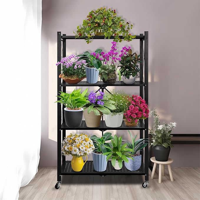 Metal Plant Stand Plant Shelf Folding Plant Stand No Assembly Required Easy to Move 4 Tiers Flower Stand with wheels for Living Room Bedroom Flower Room Indoor outdoor Black