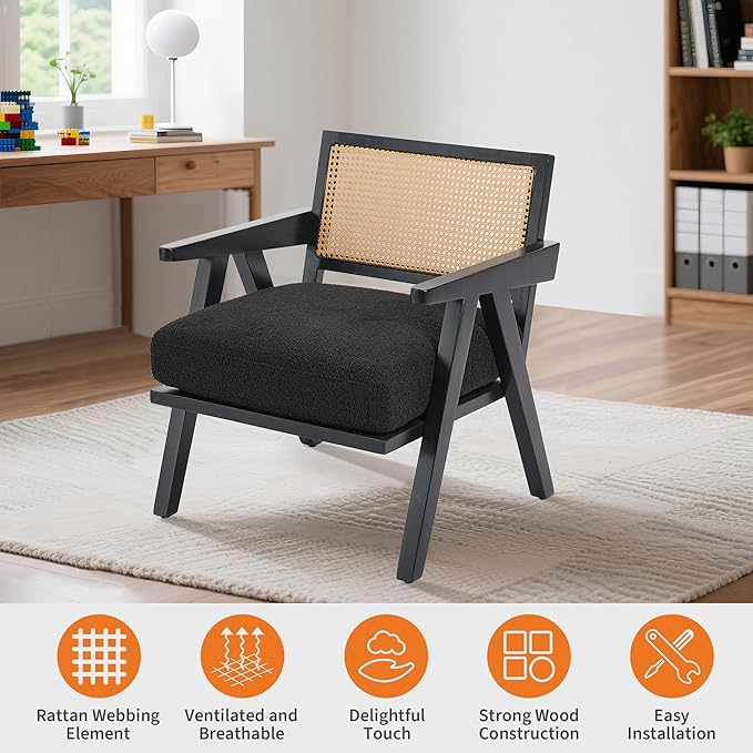 Mid Century Modern Accent Chair, Comfy Living Room Chairs with Sturdy Wood Legs, Rattan Backrest & Beige Thick Linen Cushion, Armchair for Bedroom Balcony Apartment, Black (2 PCS)