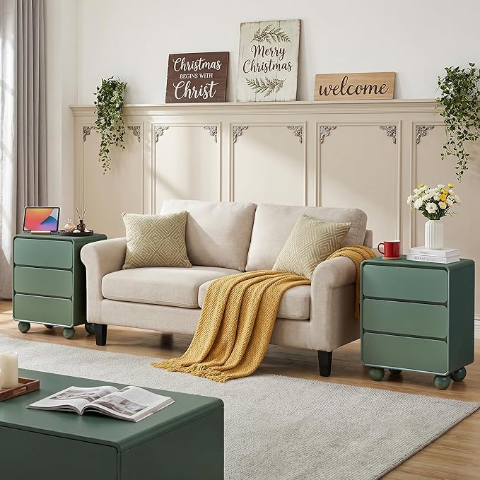 AVZEAR Modern3 Drawer Dresser for Bedroom, Curved Wooden Dresser Chest of Drawers, 3 Drawer Nightstand Closet Clothes Storage Organizer for Kids Bedroom, Living Room, Nursery, Green