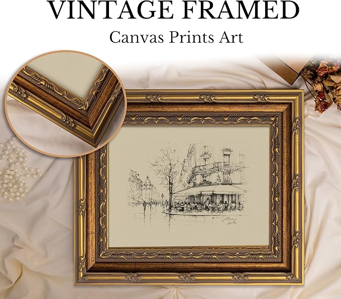 Vintage Gold Framed Black and White Sketch Wall Art French Cafe Sketch Canvas Prints Retro Paris City Landscape Poster Artwork French Bistro Wall Decor for Dining Room Kitchen Urban Decor 9x11in