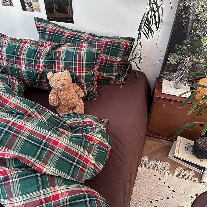 mixinni Vintage Green Buffalo Plaid Washed Cotton Duvet Cover Twin - Soft Breathable Textured Bedding Set with Zipper Closure for All Seasons-1 Duvet Cover + 2 Pillow Shams-Twin Size