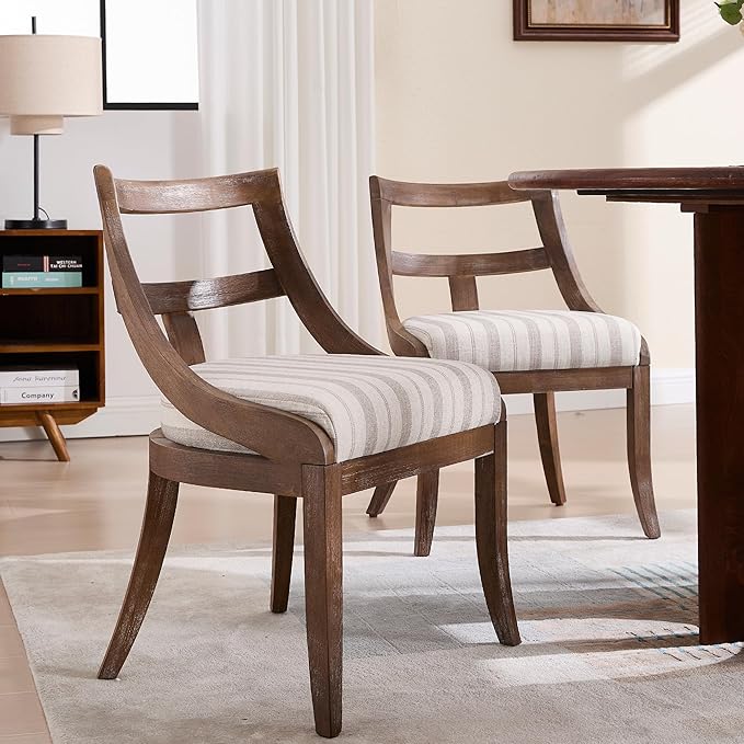 Modern Farmhouse Dining Chairs Set of 2 Mid Century Upholstered Dining Chair with Wooden Curved Back Kitchen Chairs for Dining Room Restaurant Cafe, Brown Walnut Colored-Linen Khaki Stripe
