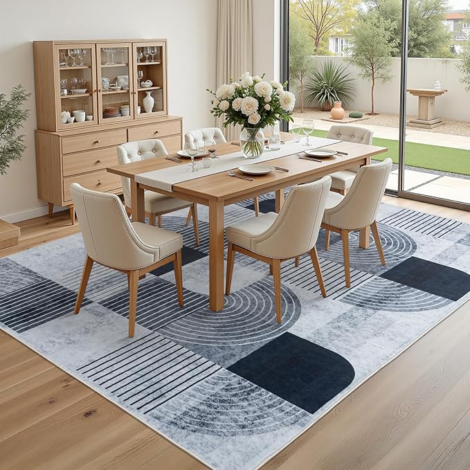 Large 8x10 Area Rugs for Living Room - Soft Mid Century Modern Rug for Bedroom, Washable Non-Slip Grey Rug Indoor Floor Mat Abstract Carpet for Dining Room Nursery Office Home Decor
