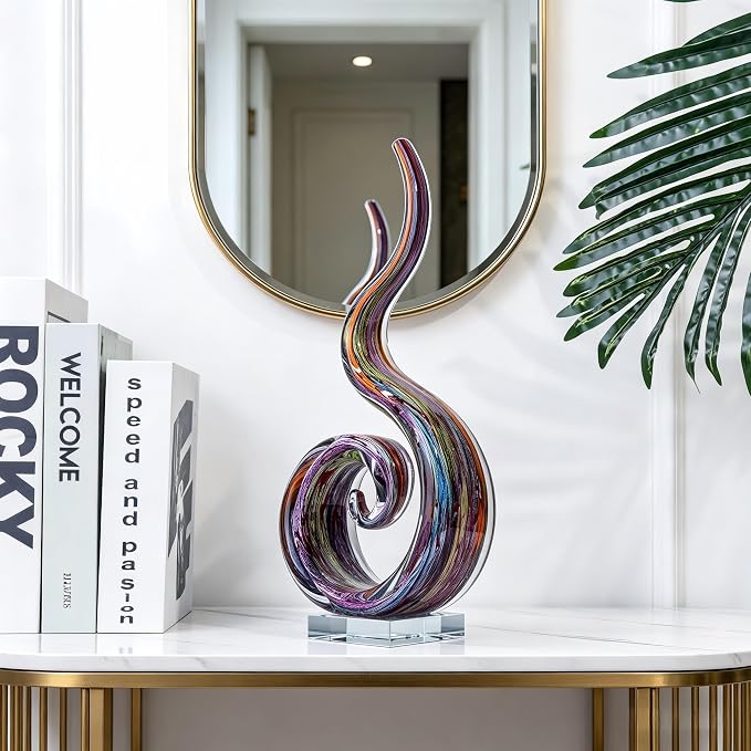Hand Blown Murano Style Glass Sculpture, 14" Single Spiral Flame Abstract Art Figurine Collectible, Modern Home Decor for Living Room Office Aquarium, Unique Gift for Art Lovers
