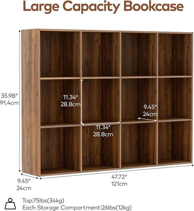 VDNEND Wooden Storage Organizer with Closed Back Panel, 11in Cube Shelf Opening, Bookshelf, Display Shelf,Closet Cabinet for Home and Office (Brown, 12-Cube 35.98L*9.45W*47.72H)