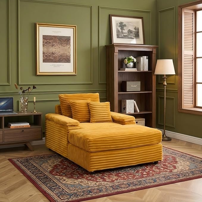 Eafurn 43.3" Oversized Accent Chaise Lounge Chair with Ottoman, Modern Corduroy Upholstered Convertible Recliner Armchair Sleeper Lounge Chair with Wood Frame for Living Room Apartment