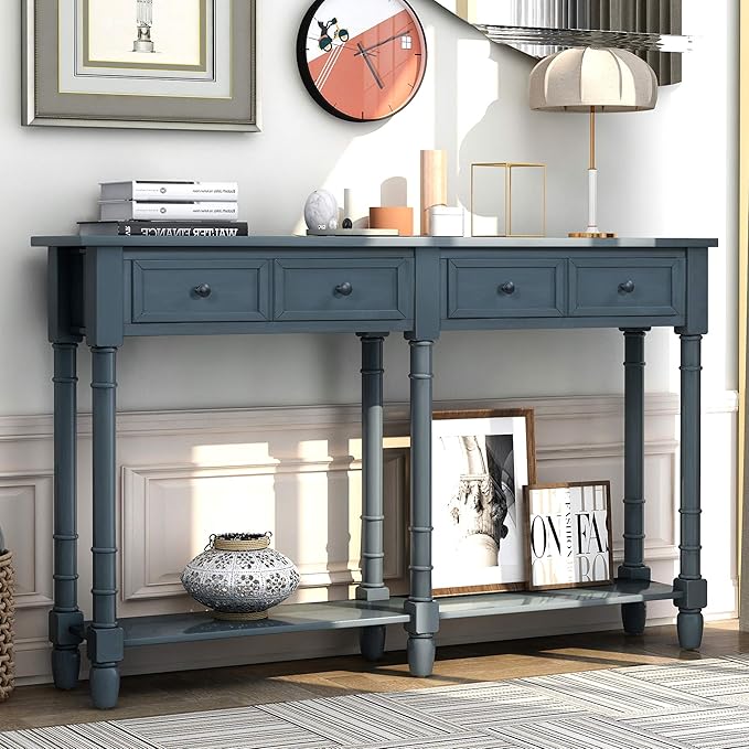 Merax Retro Console Table Sofa Table for Entryway with Drawers and Shelf Living Room Table (Antique Navy)