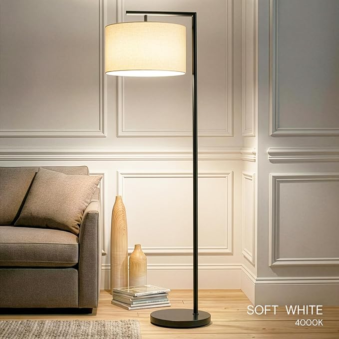 Brightech Montage Modern Floor Lamp - LED Standing Lamp with Tan Shade for Living Rooms & Offices - Bedroom Reading Light - Tall Corner Pole Lamp for Contemporary Home Decor - Black