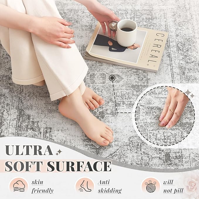 Area Rug 9x12 Vintage Rugs: Large Washable Indoor Medallion Rug Low Pile Distressed Floor Carpet Retro Accent Rugs for Living Room Bedroom Kitchen Dining Table Home Office(Grey, 9'x12')