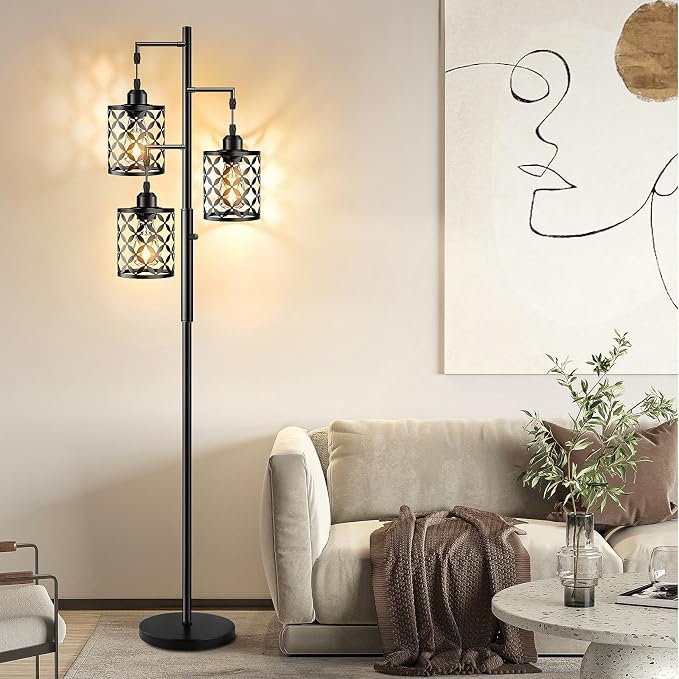 Dimmable Floor Lamp, Farmhouse Standing Lamp with Elegant Metal Cage, Industrial Tall Tree Floor Lamps for Living Room, Bedroom, Study Room, Office, 3 x 800LM LED Bulbs Included, 72", Black