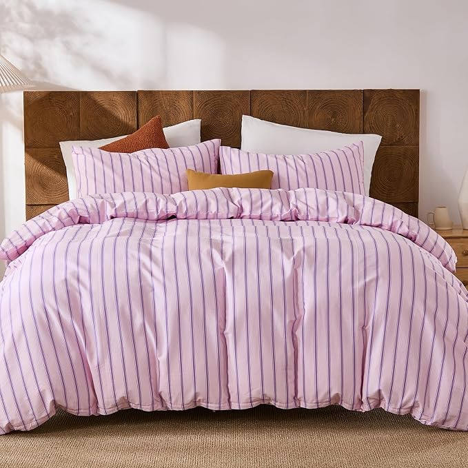 Merryword 100% Cotton Duvet Cover Set Queen Size - Pink & Purple Striped Bedding Set with Zipper & Corner Ties, 3-Piece Luxury & Silky Soft Bedding Set for All Seasons