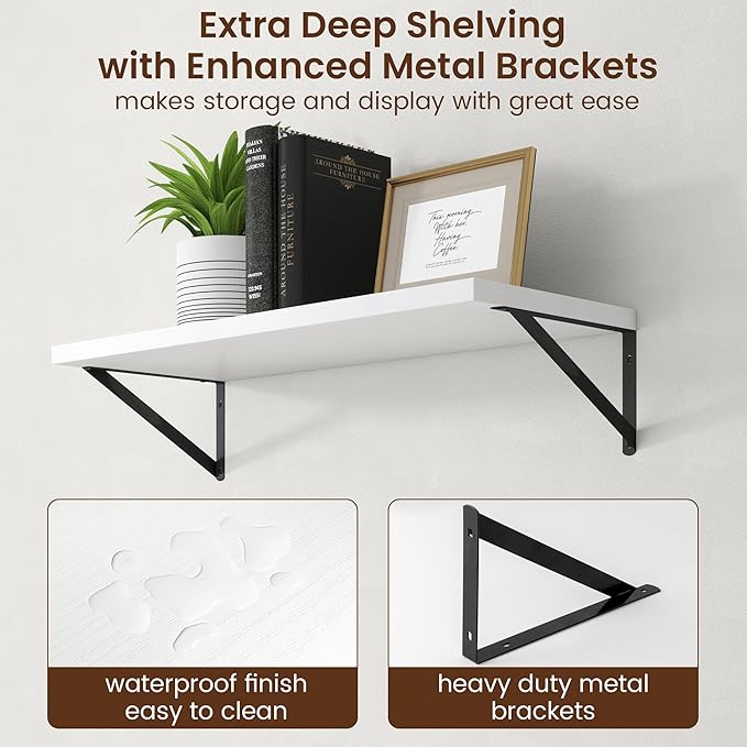 Axeman Deep Floating Shelves - 30 Inch White Floating Shelves Set of 2-12 Inch Deep Wood Wall Shelves for Living Room Bathroom Kitchen